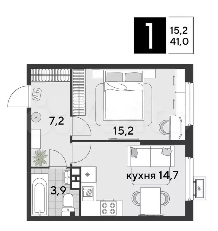 1-к. квартира, 41 м, 9/9 эт. - Фото 1