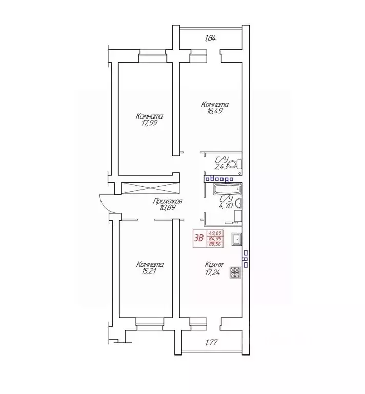 2-к кв. Вологодская область, Череповец Устюженская ул., 14 (88.56 м) - Фото 1