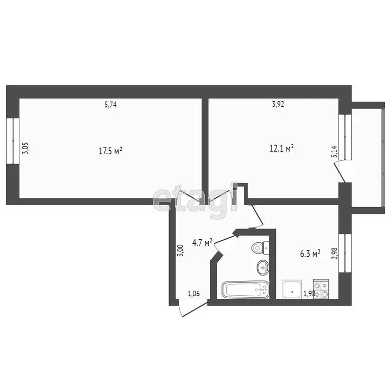 Квартира, 2 комнаты, 43.3 м - Фото 0