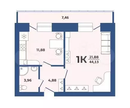1-к. квартира, 44,1 м, 4/9 эт. - Фото 0