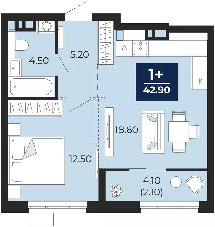 1-комнатная квартира: Тюмень, улица Пожарных и Спасателей, 2к1 (42.9 ... - Фото 1