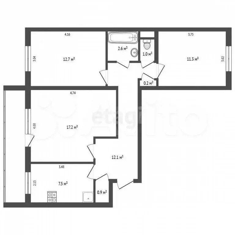 3-к. квартира, 65,5 м, 9/10 эт. - Фото 0