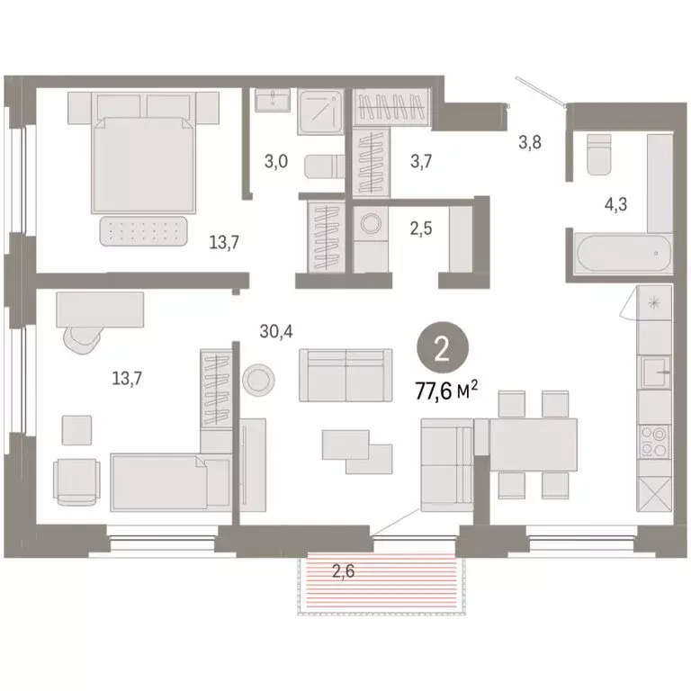 2-комнатная квартира: Тюмень, Мысовская улица, 26к2 (77.6 м) - Фото 1