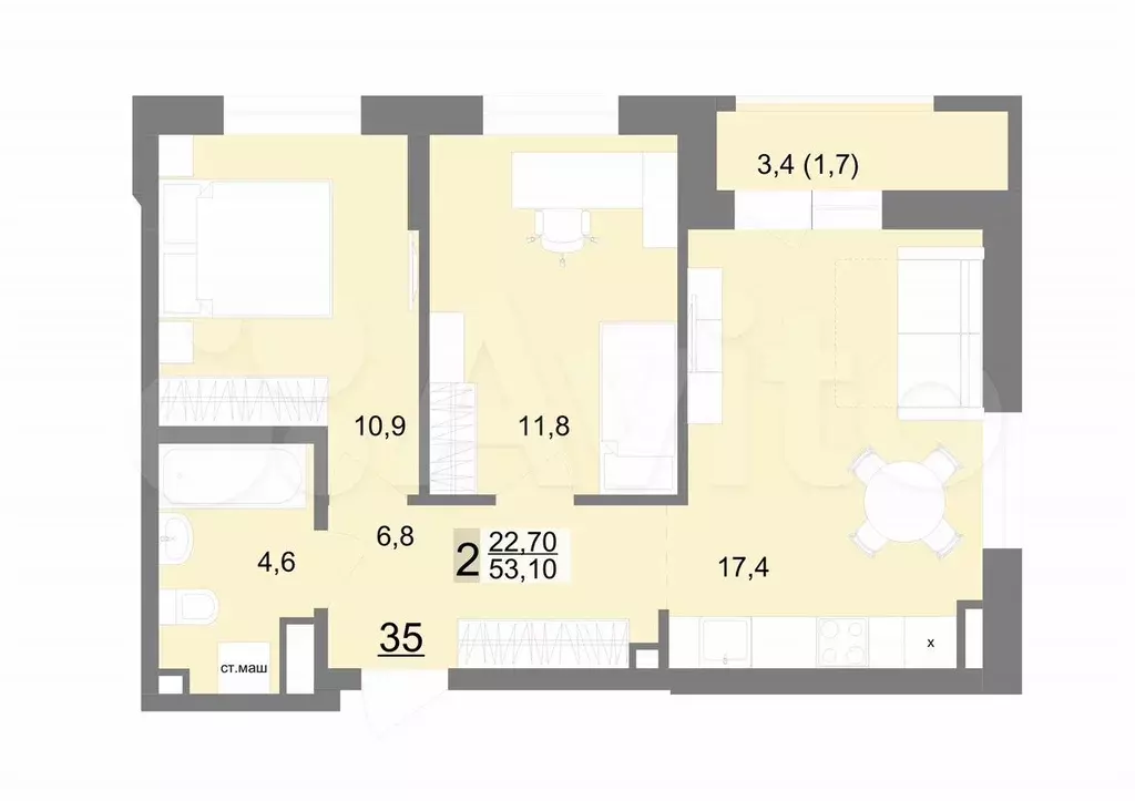 2-к. квартира, 53,1 м, 11/26 эт. - Фото 0