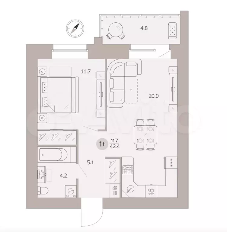 1-к. квартира, 43.4 м, 6/9 эт. - Фото 1