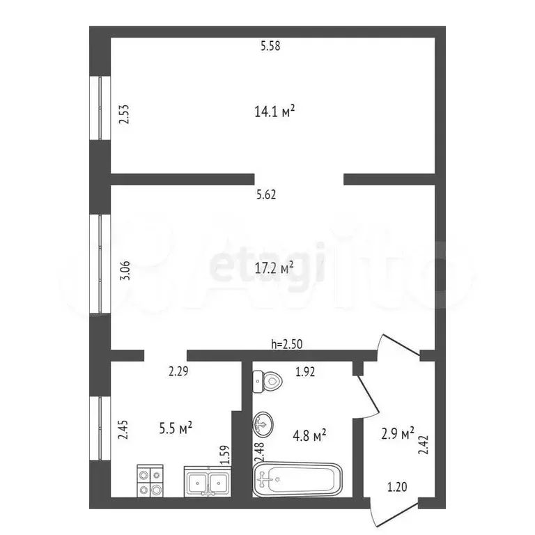 2-к. квартира, 43,7 м, 1/4 эт. - Фото 0