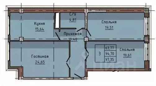 3-к кв. кабардино-балкария, нальчик ул. тлостанова, 28б (94.7 м) - Фото 1