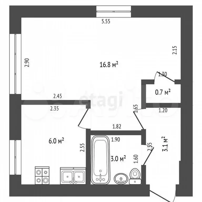 1-к. квартира, 29,6 м, 1/5 эт. - Фото 0