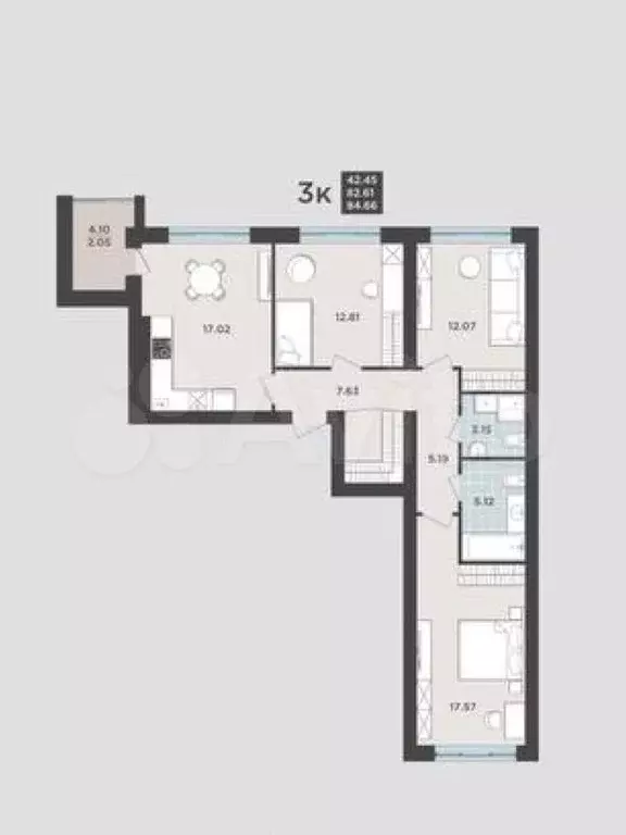 3-к. квартира, 82,6 м, 4/9 эт. - Фото 1