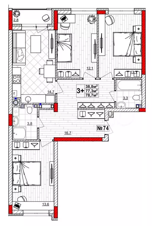 3-к. квартира, 78,7м, 1/4эт. - Фото 0