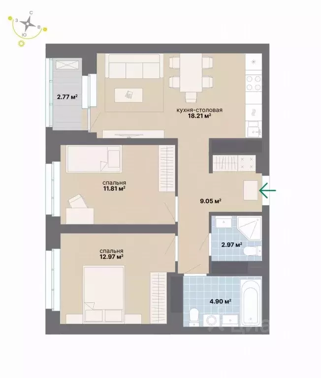2-к кв. Свердловская область, Екатеринбург ул. Студенческая, 16 (62.68 ... - Фото 1