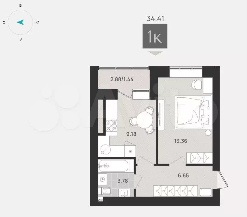 1-к. квартира, 34,4 м, 2/9 эт. - Фото 1
