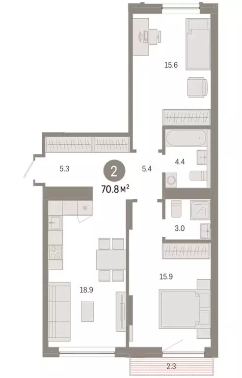 2-комнатная квартира: Тюмень, микрорайон ДОК, ЖК Октябрьский на Туре ... - Фото 2