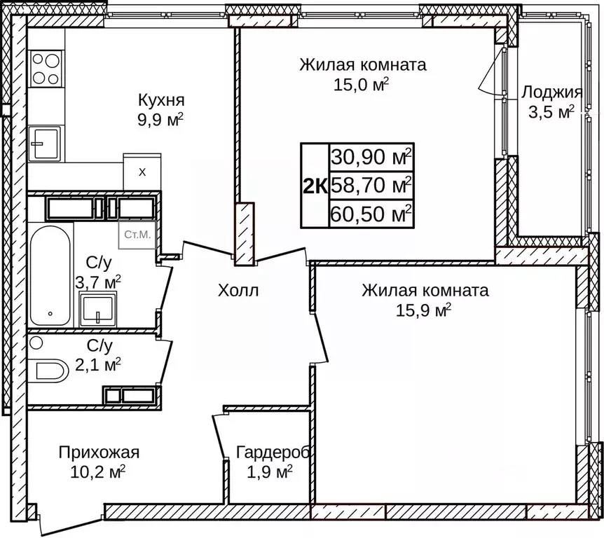 2-к кв. Нижегородская область, Нижний Новгород д. Ольгино,  (60.5 м) - Фото 1