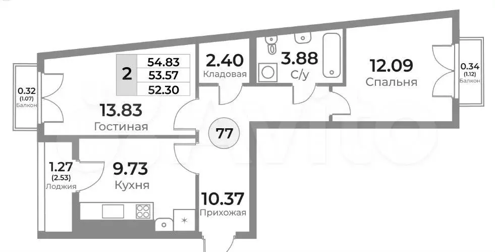 2-к. квартира, 54,2 м, 10/10 эт. - Фото 1