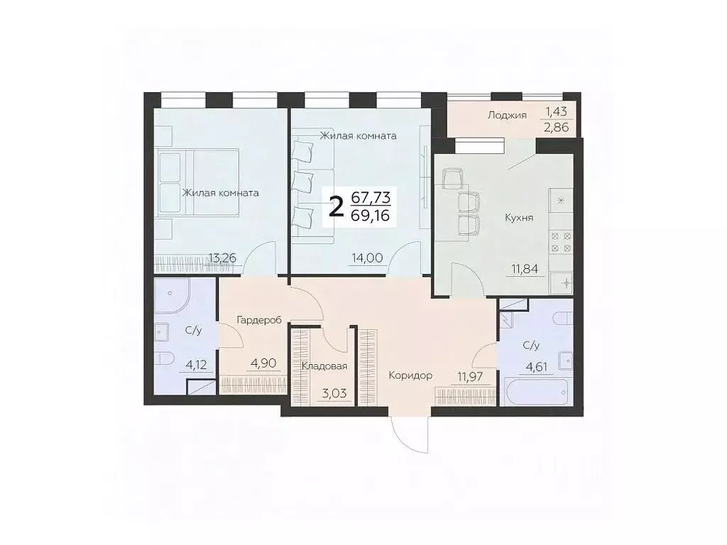 2-к кв. Воронежская область, Воронеж Ленинградская ул., 29Б (69.16 м) - Фото 0
