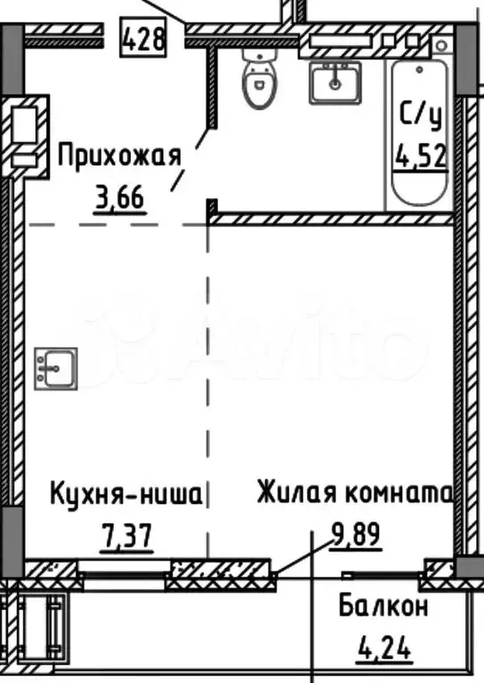 Квартира-студия, 29,7 м, 7/13 эт. - Фото 0