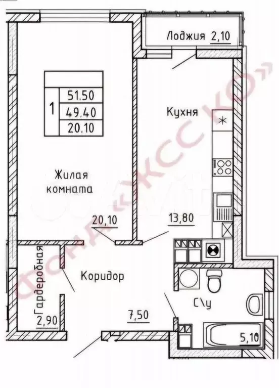 1-к. квартира, 49,4 м, 6/9 эт. - Фото 0