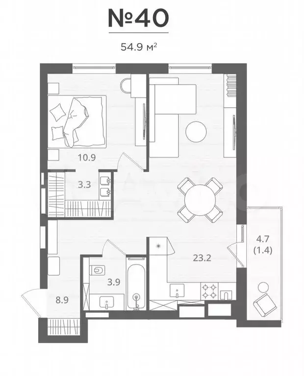 1-к. квартира, 54,9 м, 2/7 эт. - Фото 1