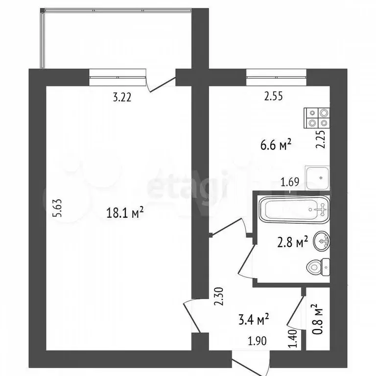 1-к. квартира, 31 м, 5/5 эт. - Фото 0