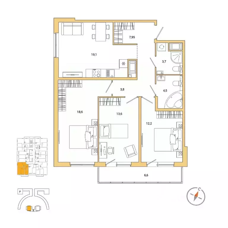 3-к кв. Санкт-Петербург наб. Реки Каменки, 11к1 (85.43 м) - Фото 0