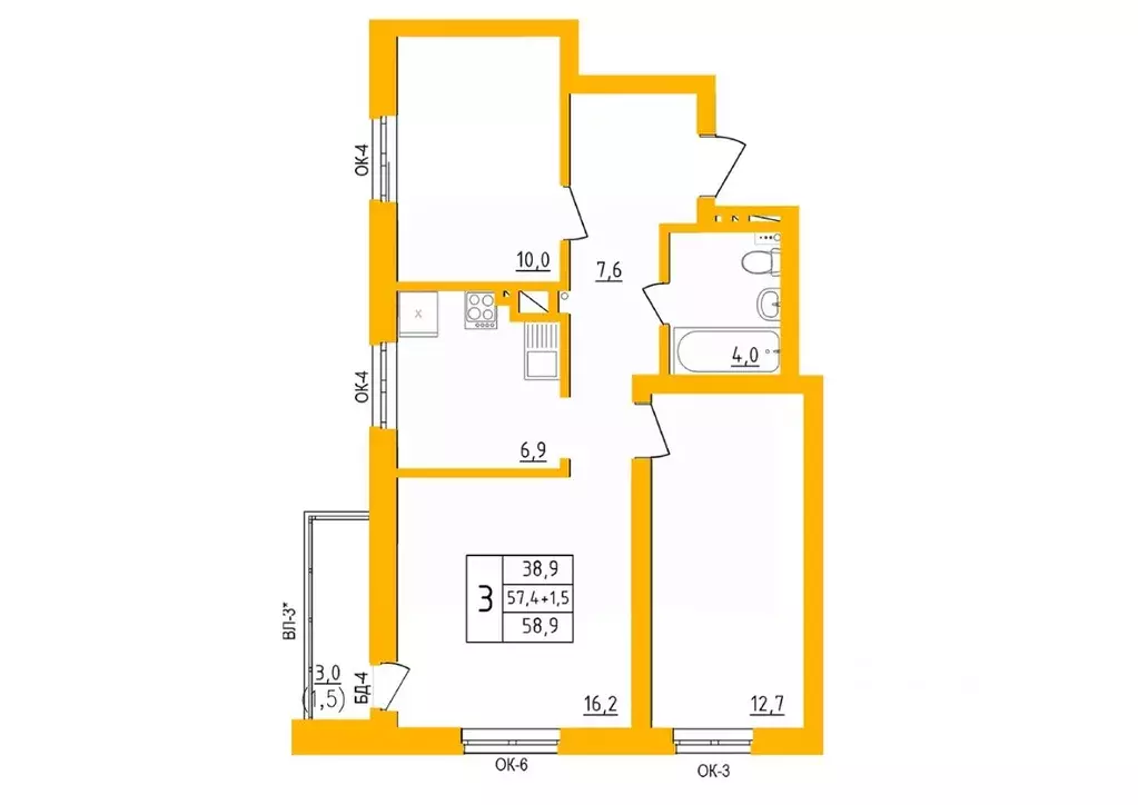 3-к кв. Башкортостан, Уфа Инорс-4Б мкр, Акварель жилой комплекс (58.4 ... - Фото 1