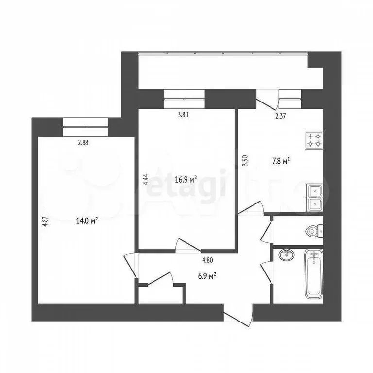 2-к. квартира, 53,5 м, 7/9 эт. - Фото 0