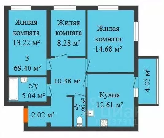 3-к кв. Самарская область, Новокуйбышевск 69-й кв-л,  (69.4 м) - Фото 0