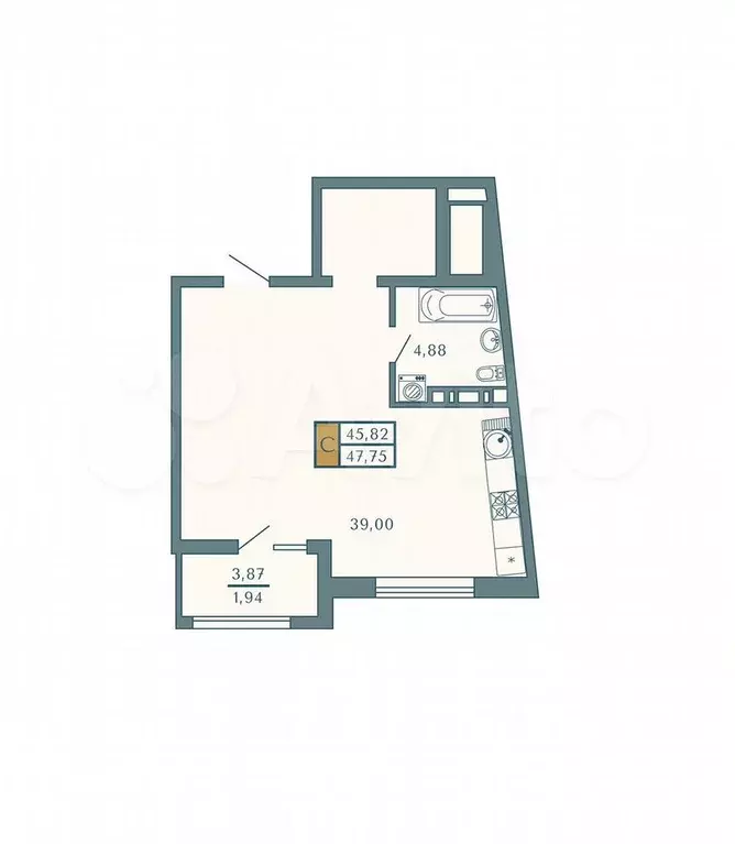 Квартира-студия, 47,8 м, 8/9 эт. - Фото 1