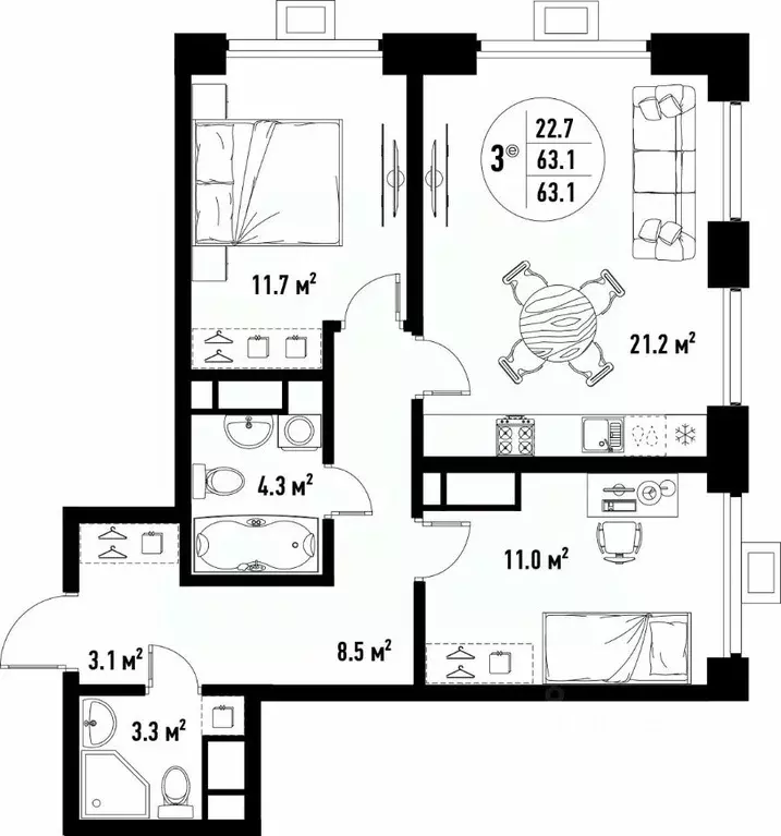 3-к кв. Астраханская область, Астрахань ул. Бэра, 29 (63.1 м) - Фото 2