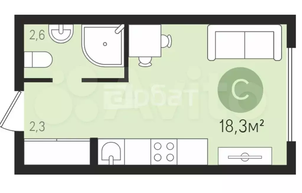 Квартира-студия, 18,1 м, 2/5 эт. - Фото 0