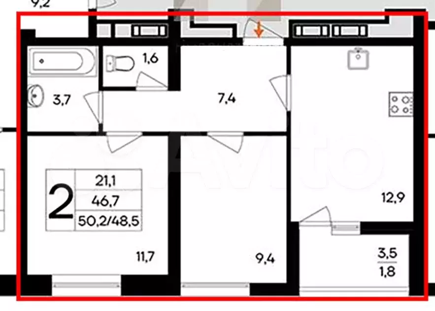 2-к. квартира, 51 м, 4/9 эт. - Фото 0