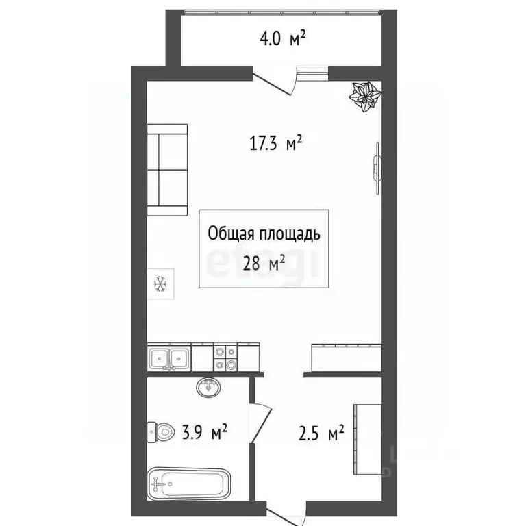 Студия Новосибирская область, Новосибирск Кубовая ул., 96 (28.0 м) - Фото 2