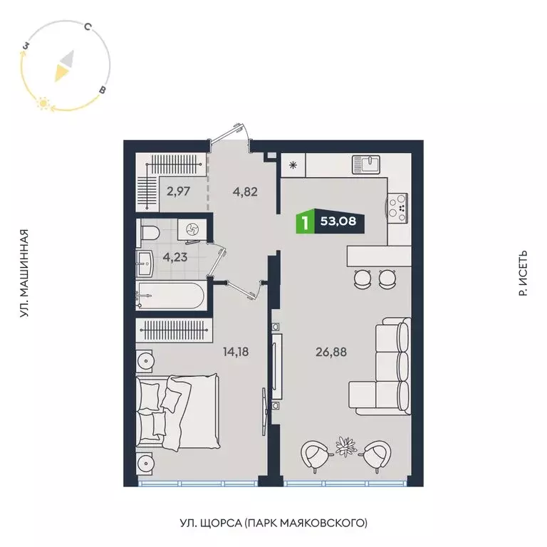 1-комнатная квартира: Екатеринбург, Машинная улица, 1В/4 (53.08 м) - Фото 0