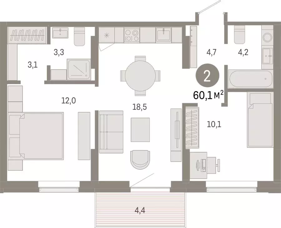 2-комнатная квартира: Омск, Кировский округ (60.14 м) - Фото 1