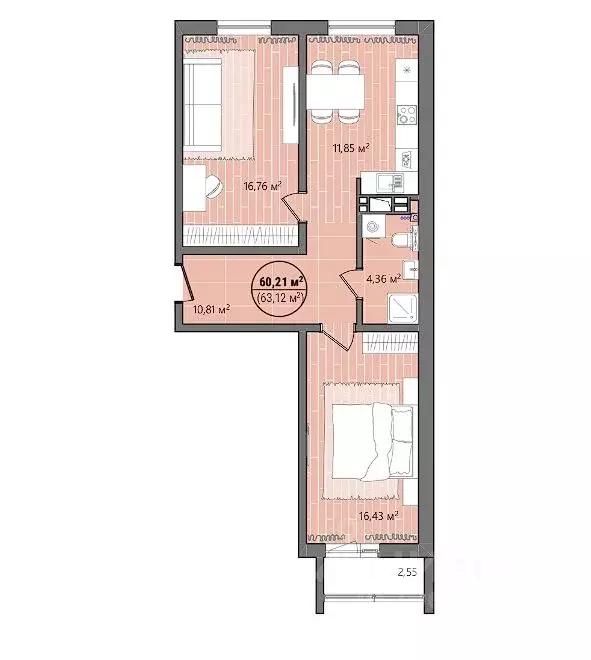 2-к кв. Челябинская область, Челябинск ул. Труда, 15 (61.89 м) - Фото 0