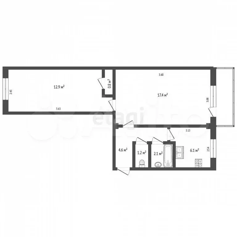 2-к. квартира, 45,1 м, 3/5 эт. - Фото 0