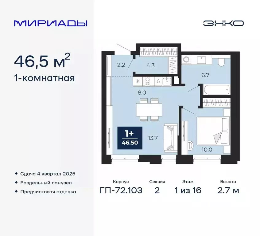 Студия Тюменская область, Тюмень Мириады жилой комплекс (46.5 м) - Фото 0