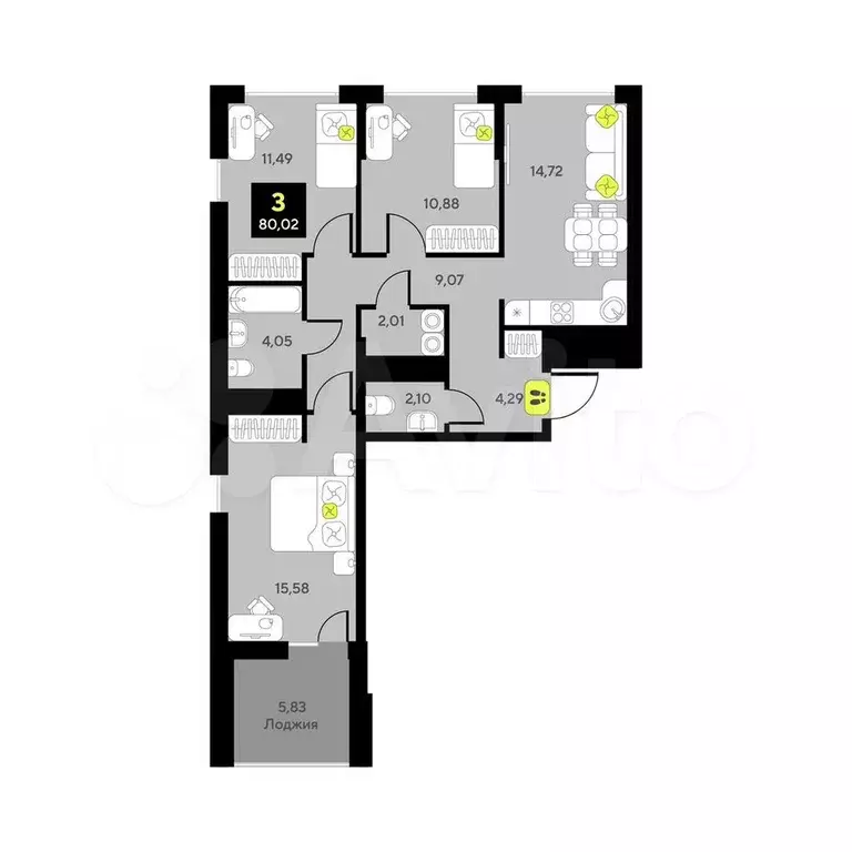 3-к. квартира, 80 м, 7/10 эт. - Фото 0
