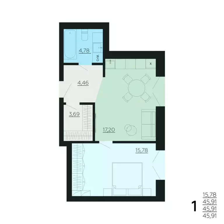 1-комнатная квартира: село Ленино, проспект Мечты, 4 (45.91 м) - Фото 1