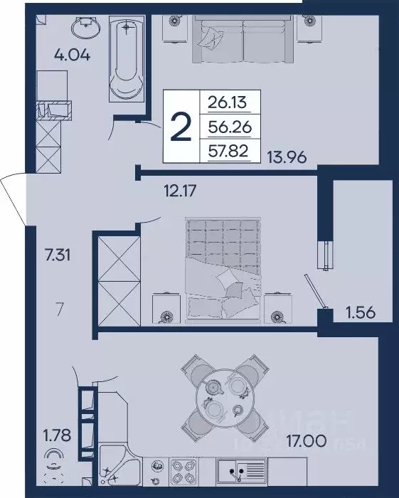 2-к кв. Краснодарский край, Краснодар  (57.82 м) - Фото 1