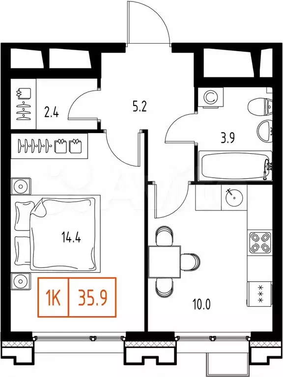 1-к. квартира, 35,9 м, 4/9 эт. - Фото 0