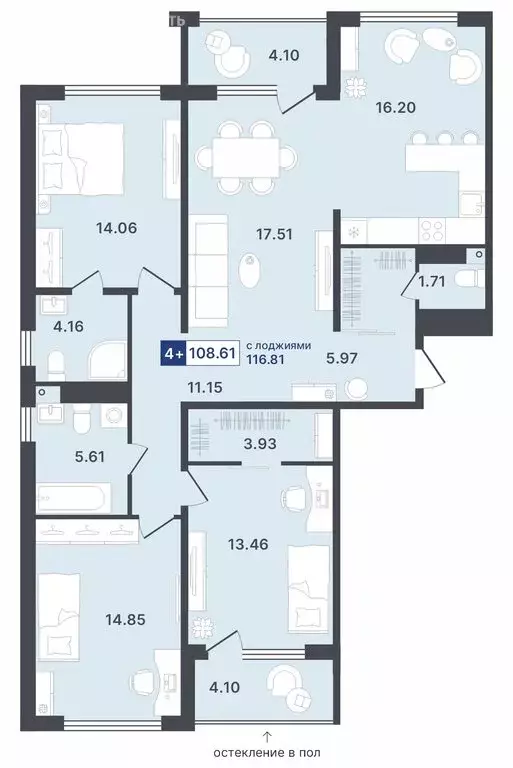 4-комнатная квартира: Тюмень, Ставропольская улица, 1 (108.61 м) - Фото 0