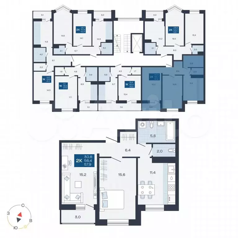 2-к. квартира, 57,9 м, 3/9 эт. - Фото 0