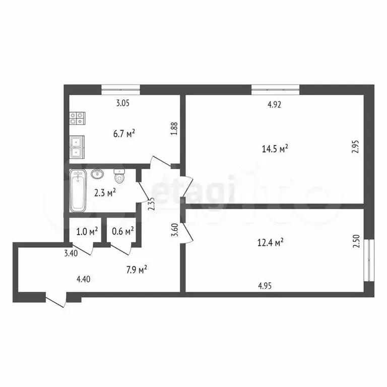 2-к. квартира, 44,4 м, 1/2 эт. - Фото 0