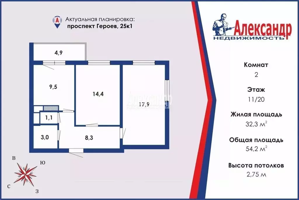 2-к кв. Санкт-Петербург просп. Героев, 25к1 (54.2 м) - Фото 1