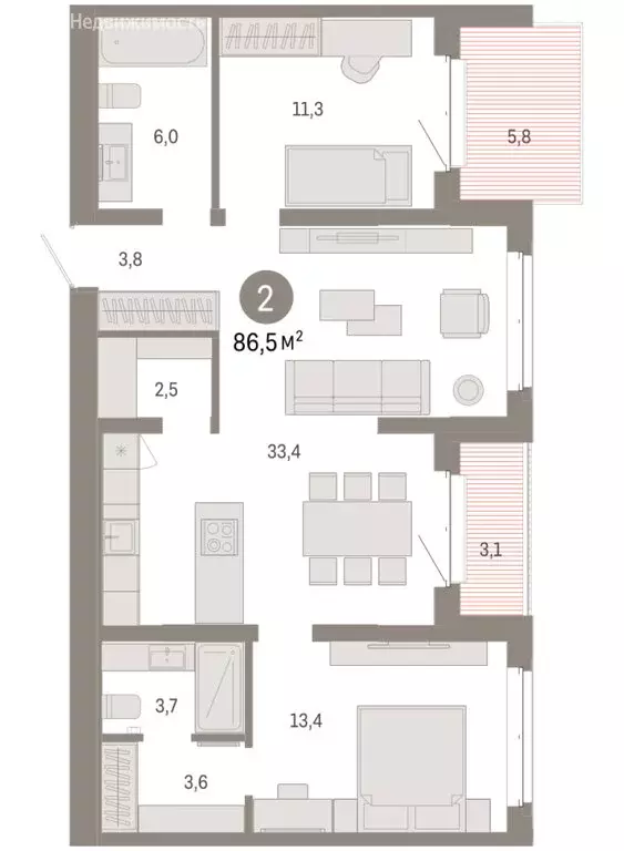 2-комнатная квартира: Тюмень, жилой комплекс На Минской (86.54 м) - Фото 1