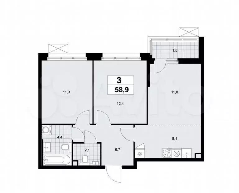 3-к. квартира, 59м, 3/14эт. - Фото 1