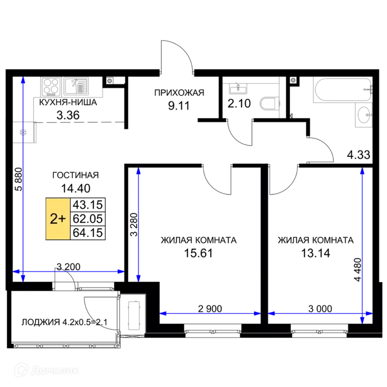 Продаётся 2-к квартира, 64.15 м - Фото 0