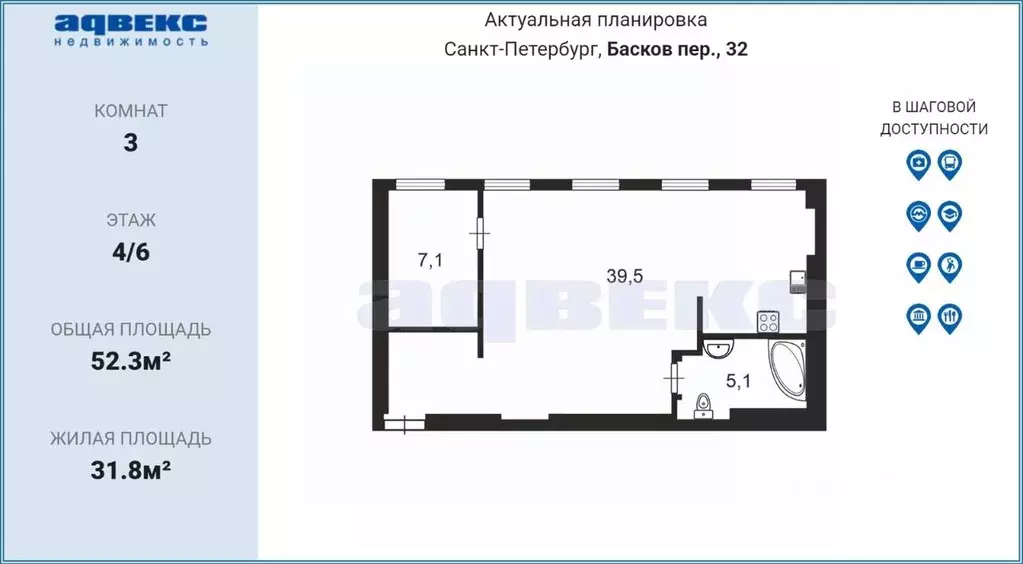 3-к кв. Санкт-Петербург пер. Басков, 32 (52.3 м) - Фото 2